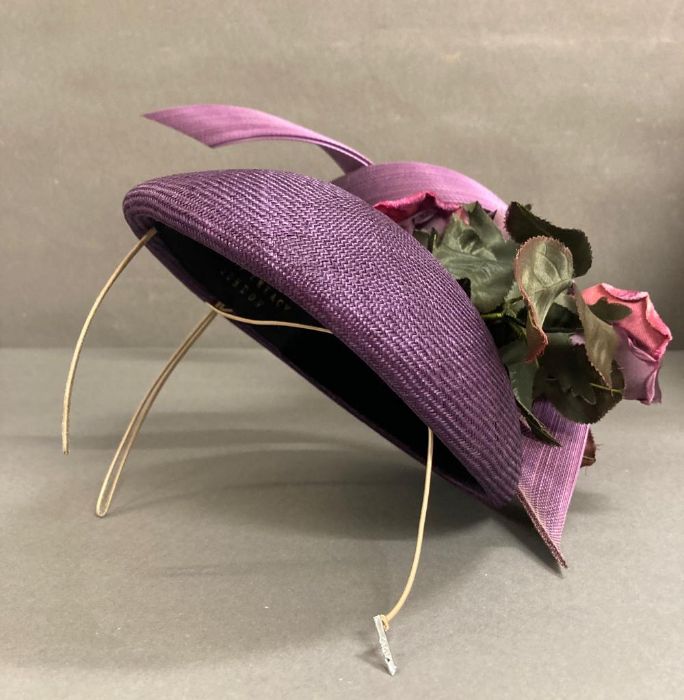 A purple fascinator with purple sculpted twist intertwined with faux rose detail - Image 4 of 6