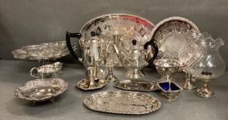 A quantity of silver plate and white metal items to include coffee pot, tea pot and various trays