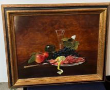 A still life with fruit, prawns on a platter with grapes and a Georgian air twist glass. (52cm x