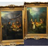 Pair of oil on board paintings depicting the night market, signed in red bottom left. Ornate