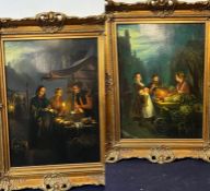 Pair of oil on board paintings depicting the night market, signed in red bottom left. Ornate