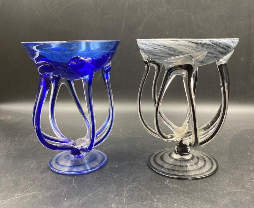 Two Heron Art Glass bowls in black and clear and cobalt blue and clear glass