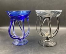 Two Heron Art Glass bowls in black and clear and cobalt blue and clear glass