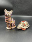 Two boxed Royal Crown Derby paperweights, Tortoise and Cat, both with gold stopper