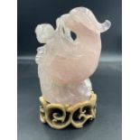 A Chinese Rose Quartz figure of a bird on stand (Approximate Total Height without stand 13.5cm)
