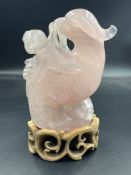 A Chinese Rose Quartz figure of a bird on stand (Approximate Total Height without stand 13.5cm)