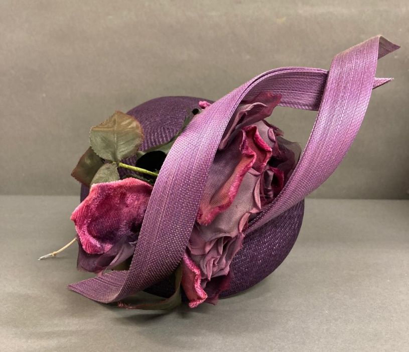 A purple fascinator with purple sculpted twist intertwined with faux rose detail - Image 5 of 6