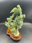 Fine Chinese Hsiuyen Jade figure of four birds and flowers on stand ( Height without stand