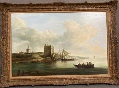 Roy Barley (After Charles Brooking) oil on board in gilt frame of a coastal scene with fort (90cm