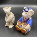 Two boxed Royal Crown Derby paperweights, Cricketer and school boy Teddy, one with gold stopper.
