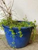A large blue glazed garden plant pot