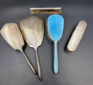 A selection of silver backed dressing table set to include a blue enamel brush AF.