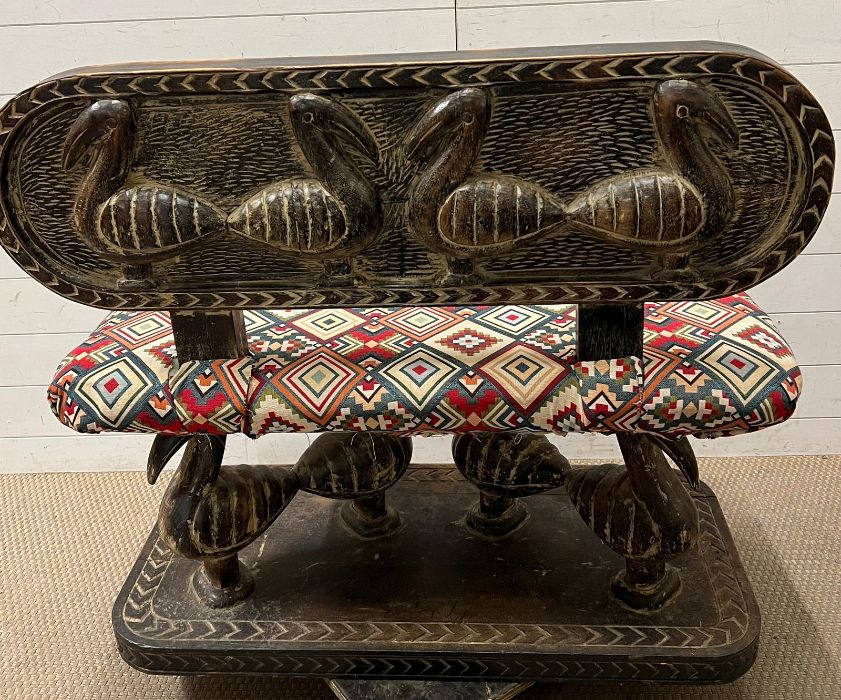 A South African carved bench seat with a Kilim style, upholstered and four carved birds to back - Image 2 of 6