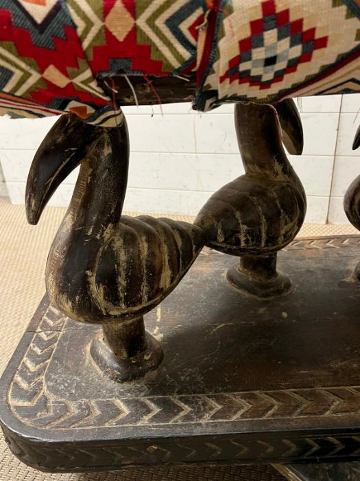 A South African carved bench seat with a Kilim style, upholstered and four carved birds to back - Image 3 of 6