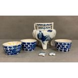 A blue and white Chinese incense burner and three cups AF