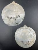 Two carved and pierced mother of pearl shells (Dia 14.5cm Dia12cm)