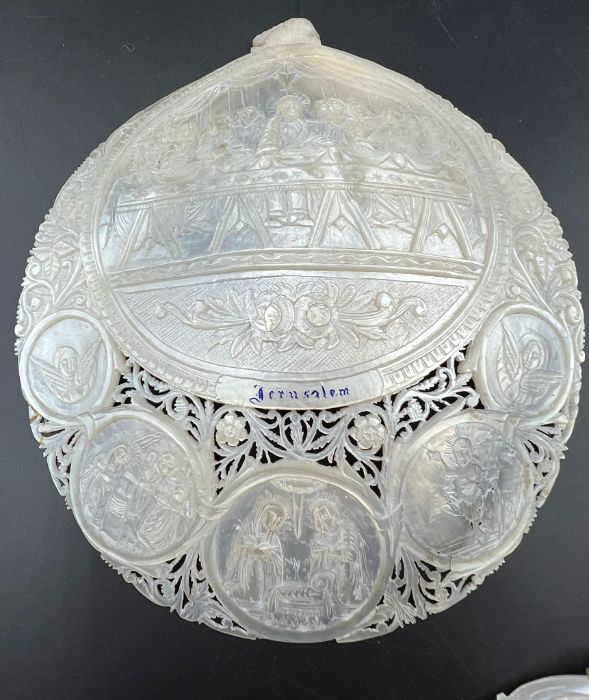 Two carved and pierced mother of pearl shells (Dia 14.5cm Dia12cm) - Image 3 of 4