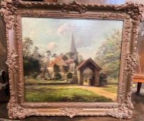 Oil on canvas of St Giles Church Stoke Poges by W. Redworth 1808