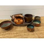 A collection of copper pots and pans