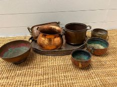 A collection of copper pots and pans