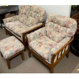 A Mid Century lounge suite comprising of two seater sofa, a chair and a footstool (H89cm W68cm