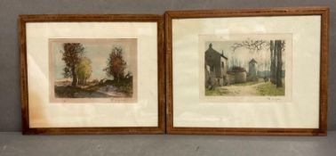Two colour etchings of French country by Rene Ligeron , signed bottom right