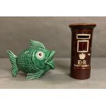 Two ceramic vintage money boxes, a green fish and a post box