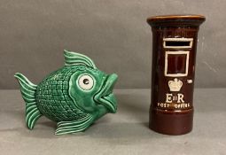 Two ceramic vintage money boxes, a green fish and a post box