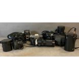 A selection of cameras and lenses to include Fujian, Chinon and Hanimex