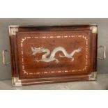 A 19th Century Chinese hardwood tray with white metal decoration to include inlaid Dragon to