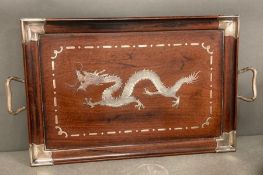 A 19th Century Chinese hardwood tray with white metal decoration to include inlaid Dragon to