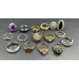 A selection of costume jewellery rings, various settings and styles.