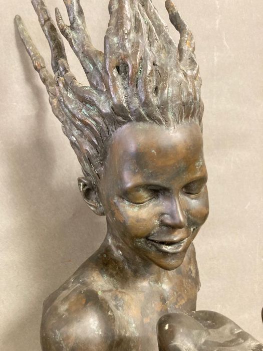 A bronze Art Nouvea style bust of a water Nymph with marble plinth, signed J Prince (H83cm with - Image 2 of 10