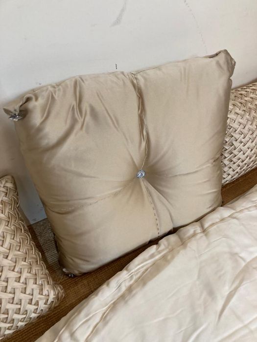 A large cream satin bedspread with faux crystal detail, three beige and white striped four poster - Image 3 of 5