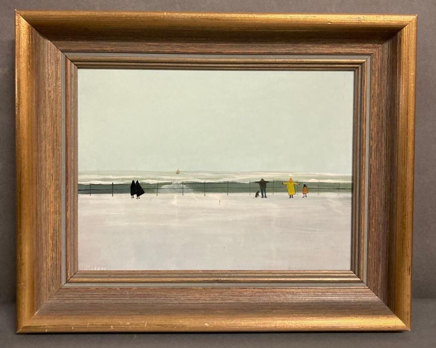 An oil on board of a seaside scene, a family with a dog and two nuns. signed lower left J Ledger