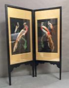 A vintage ebony screen glazed with feather collage depicting birds of paradise (H83cm W67cm)