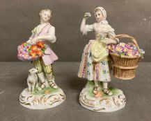 Two hand painted Dresden figurines, a gentleman with a dog and a lady with flower (H15cm)