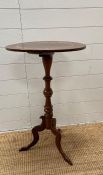 A mahogany inlaid pedestal side table on turned central column and splayed tripod legs (H76cm