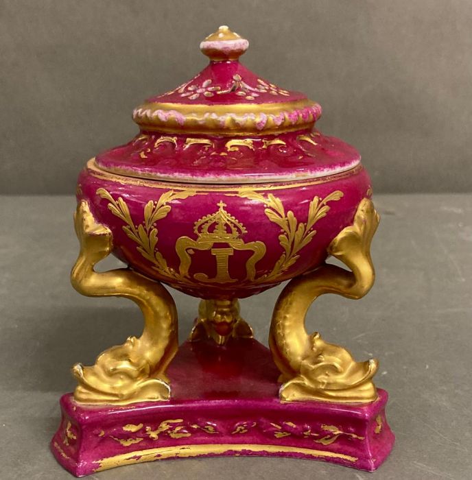 A 19th century miniature urn by Sevres. Red grounds with gold detail - Image 2 of 5
