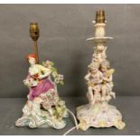 Two German figural porcelain table lamps in the manner of Dresden, two children and a reclining lady