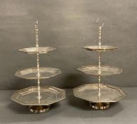 A pair of octagonal three tier cake stands