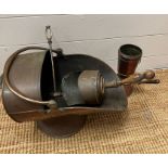 A selection of copper items to include coal scuttle, brush etc