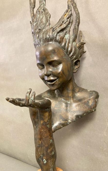 A bronze Art Nouvea style bust of a water Nymph with marble plinth, signed J Prince (H83cm with - Image 9 of 10