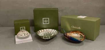 A selection of three boxed Christofle silver plated items to include a tea light holder, scallop