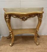 A French style gold painted hall table with glass top (H74cm W75cm D29cm)