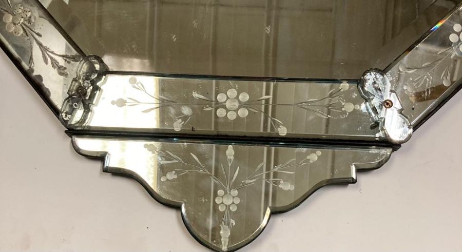 A late 19th century venetian etched glass wall mirror, pierced cresting above bevelled octagonal - Image 4 of 6