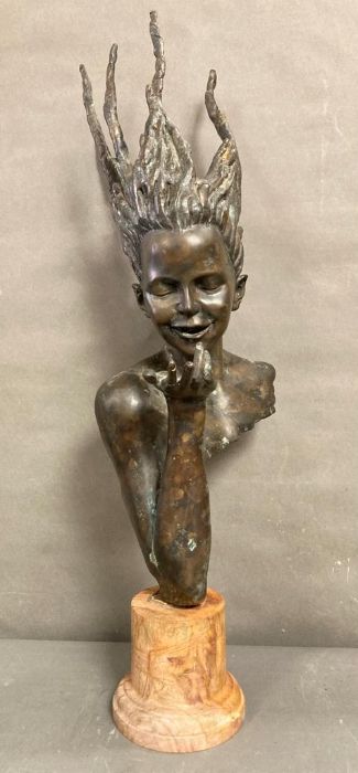 A bronze Art Nouvea style bust of a water Nymph with marble plinth, signed J Prince (H83cm with