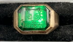 A Vintage Foxcroft School gold signet ring, carved gemstone with Fox Head and Foxcroft in 14K gold