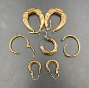 A selection of three pairs of 9ct gold earrings with one spare. Approximate Total weight 6.5g)
