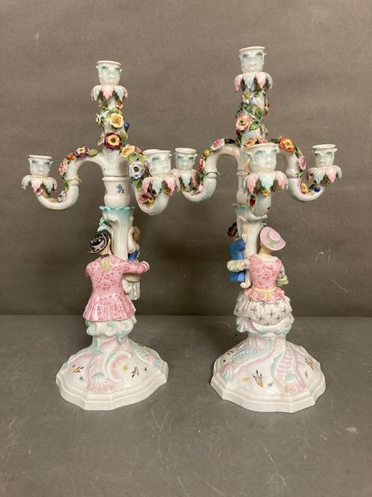 A pair of Sitzendorf porcelain three arm candlesticks with flowers and figures - Image 7 of 8